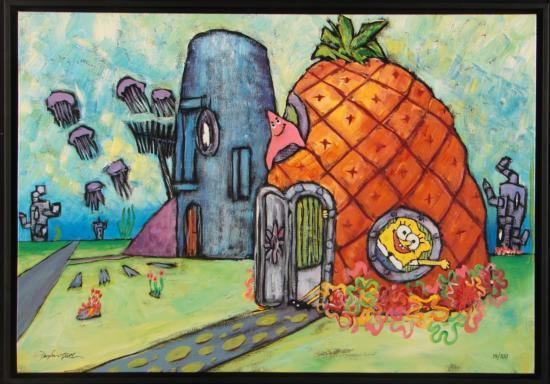 SpongeBob Art Giclee WATERLOGGED CABIN Douglas Truth: Offered here is a Framed Limited Edition Giclée Print on canvas featuring Douglass Truth's imaginative painting of everyone's favorite sea sponge, SpongeBob SquarePants along with his a