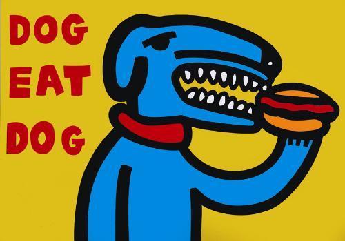 Witty and Wild DOG EAT DOG YELLOW MARCO Pop Art Print: WOW! Here's DOG EAT DOG (YELLOW), a Pop art print on paper by well-known artist MARCO: 2000 Serigraph on paper 24 × 35 Signed and numbered from a total limited editi