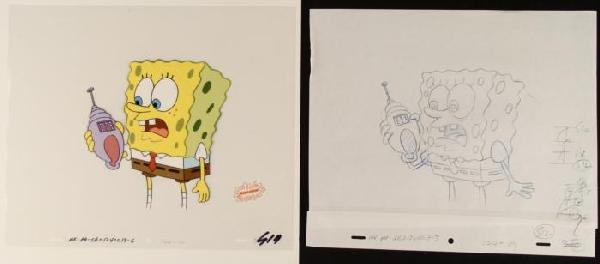 SpongeBob On The Phone Orig Animation Art Cel + Drawing: This original animation cel with accompanying drawing is from the Nickelodeon TV show SpongeBob Squarepants. The story takes place under the deep blue sea in Bikini B