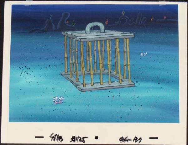 SongeBob Original Animation Background + Cel Ocean Cage: This is an original hand-painted background and cel from the Nickelodeon television show SpongeBob Squarepants. The story takes place under the deep blue sea in Bikini&n