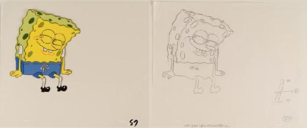 SpongeBob Laughing Original Animation Art Cel & Drawing: This original animation cel with accompanying drawing is from the Nickelodeon TV show SpongeBob Squarepants. The story takes place under the deep blue sea in Bikini B