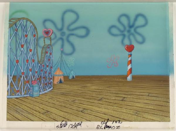 SpongeBob Roller Coaster Orig Animation Cel Background: This original hand-painted background and animation cel is from the Nickelodeon TV show SpongeBob Squarepants. The story takes place under the deep blue sea in B