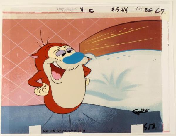 Ren and Stimpy Satisfaction Original Cel Production Art: This is an original production animation cel from the Nickelodeon TV show Ren & Stimpy. The show follows two characters - Ren, a crazy Chihuahua - and - Stimpy, an incr