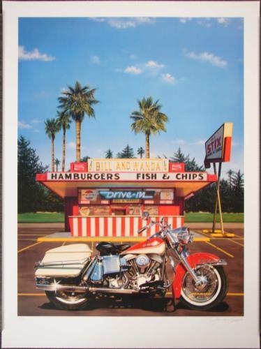 James Gucwa BILL & WANDAS Retro Harley Motorcycle Art: Offered here is a super mixed media print on paper by Official Harley-Davidson Fine Artist James "Kingneon" Gucwa! Title "King & I" Multi-media on paper 24½ ×33 Numbered from a limited ed