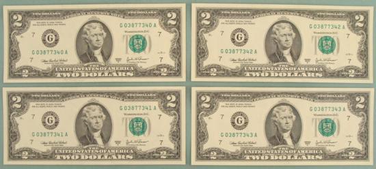 4 Consec # 2003 A $2 Bills G Mint Chicago Notes CU: (4) 2003-A $2 bills Mint mark: G (Chicago)Grade: Crisp Uncirculated*The item you will receive will be different from that in the photo