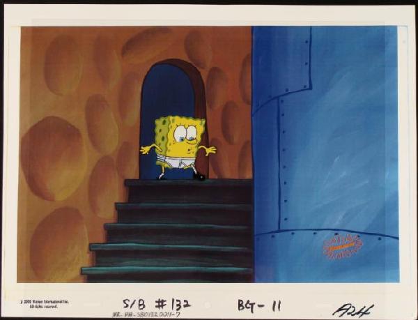 SpongeBob Underwear Orig Animation Art Cel +Background: This original animation cel and printed background copy are from the Nickelodeon TV show SpongeBob Squarepants. The story takes place under the deep blue sea in Bikini Bottom