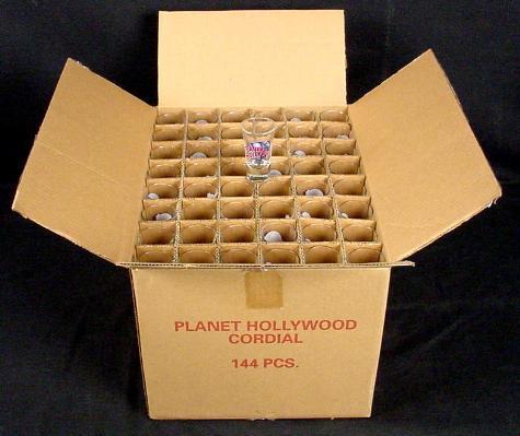 Planet Hollywood BARCELONA Spain Shot Glass 144/case: This is a case of 144 shot glasses from Planet Hollywood Barcelona (Spain). They are in mint condition, and come in the original box. These shots are now rare, because the location is no longer open.