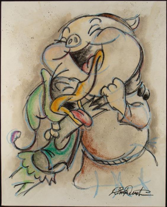Dick Duerrstein Orig Art Painting Daffy Duck, Porky Pig: This original painting is from a classic Warner Brother cartoon scene, featuring a laughing Daffy Duck and Porky Pig. Animation artist Dick Duerrstein knows his Looney Tunes characters, and knows just