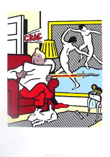 1993 Lichtenstein Tintin Reading Poster: Reference #: ULGH1075 Artist Name: Lichtenstein, Roy Title: Tintin Reading Medium: Offset Lithograph Edition Size: Unknown Year: 1993 Paper Size: 39 x 27.5 in. Image Size: 29 x 23.25 in. Condition: A: