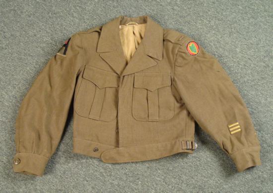 WWII US Army Ike Jacket Eisenhower OD 1944 w/ Patches: Here is a WW II era Ike jacket in wool olive drab, complete with 2 shoulder patches. Size: 34 S Manufacturer: Solomon, Goldstein, & Portnoy Date: June 7, 1944 Condition: Very good, with torn spot