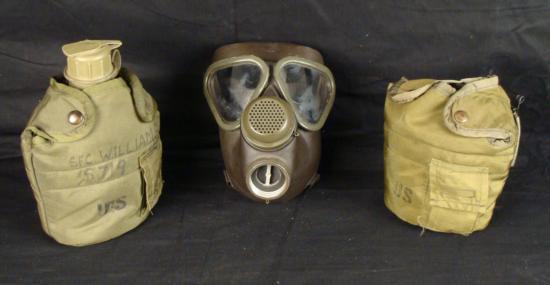 US MILITARY 3 PIECES-VIETNAM: GASMASK CANTEEN POUCH: OFFERED HERE IS A 3 PIECE, VIETNAM MILITARY LOT. THE FIRST ITEM IS A CANTEEN AND POUCH (MAY BE FROM POST-VIETNAM). WRITTEN ON THE FRONT IS SFC WILLIAMS 6719. THE NEXT ITEM IS A CANTEEN POUCH