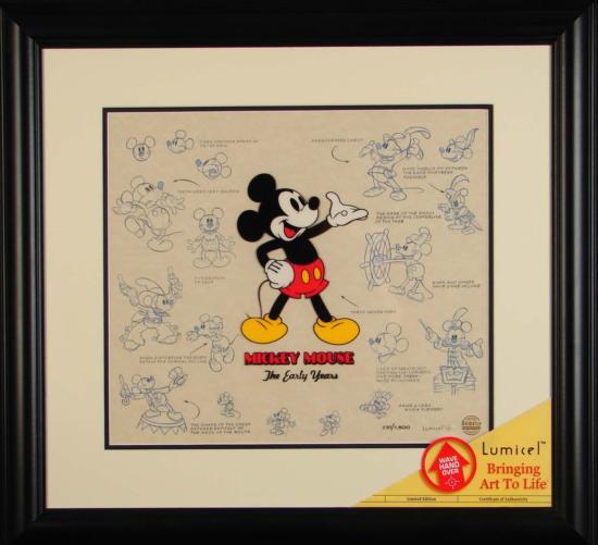 Mickey Mouse Disney Lumicel Framed Animation Ar: At first glance, this Lumicel appears to be a beautifully drawn Mickey Mouse animation composite with color sericel. It features Mickey in a variety of expressive and dynamic poses. But then, with the