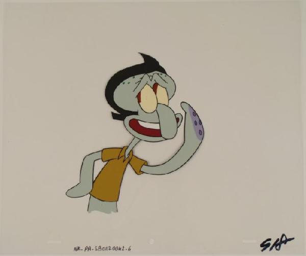 SpongeBob Squidward Lookin Cool Animation Art C: This original animation cel is from the Nickelodeon TV show SpongeBob Squarepants. The story takes place under the deep blue sea in Bikini Bottom, where SpongeBob resides. Sp