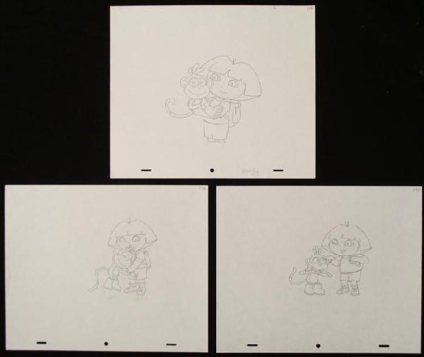 3 Dora The Explorer Animation Art Orig Drawings: These three original drawings were used in the production of the animated series Dora the Explorer. Each one is a unique image, from which an animation cel was inspired or created. These show Dora and
