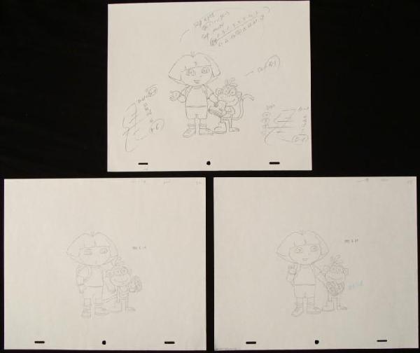 3 Dora The Explorer & Boots Orig Animation Art: These three original drawings were used in the production of the animated series Dora the Explorer. Each one is a unique image, from which an animation cel was inspired or created. Boots is here with