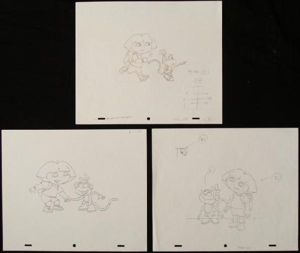3 Dora The Explorer Animation Art Orig Drawings: These three original drawings were used in the production of the animated series Dora the Explorer. Each one is a unique image, from which an animation cel was inspired or created. These show Dora and