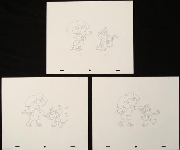 3 Dora The Explorer Orig Animation Art Drawings: These three original drawings were used in the production of the animated series Dora the Explorer. Each one is a unique image, from which an animation cel was inspired or created. Dora is shown here 