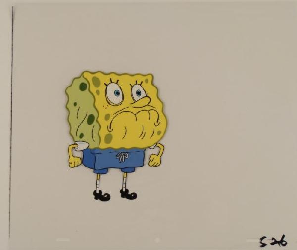 Tough Guy Production Art Original Cel Spongebob: This original animation cel is from the Nickelodeon TV show SpongeBob Squarepants. The story takes place under the deep blue sea in Bikini Bottom, where SpongeBob resides. Sp