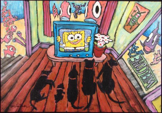 SpongeBob Art Print Tooning In and Out Douglass: This limited edition Giclée Print on canvas is the artist Douglass Truth's imaginative painting of everyone's favorite sea sponge, SpongeBob SquarePants. In this print SpongeBob smiles out at us 
