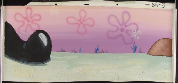 Orig Background Under The Sea With Large Black: This is an original hand-painted background from the Nickelodeon television show SpongeBob Squarepants. The story takes place under the deep blue sea in Bikini Bottom, where