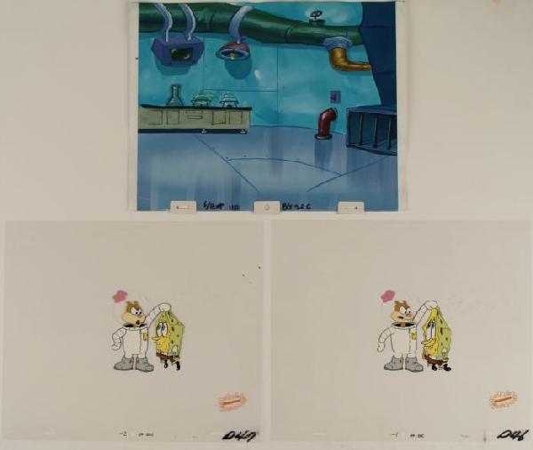 2 Sequential Cels Background Orig Animation Spo: This original hand-painted background and animation cel is from the Nickelodeon TV show SpongeBob Squarepants. The story takes place under the deep blue sea in Bikini Bo