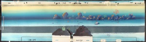 Animation Cel and SpongeBob Orig Background Ope: This original hand-painted background and animation cel is from the Nickelodeon TV show SpongeBob Squarepants. The story takes place under the deep blue sea in Bikini Bo