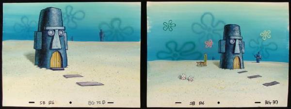 2 Animation Backgrounds Spongebob Orig Squidwar: This original hand-painted background from the Nickelodeon TV show SpongeBob Squarepants. The story takes place under the deep blue sea in Bikini Bottom, where SpongeBob resi
