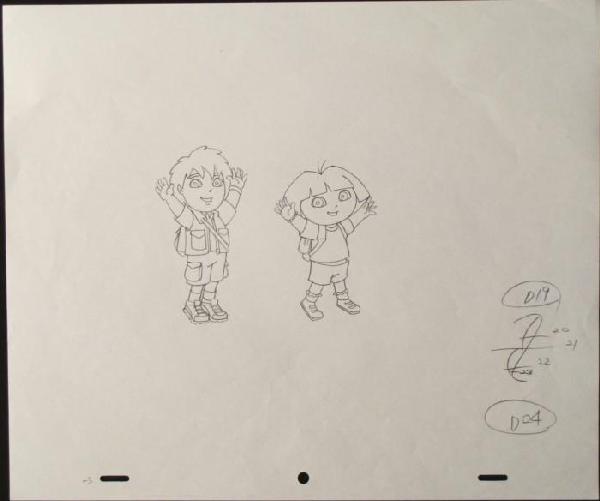 Dora The Explorer Orig Animation Art Drawing w/: This original drawing was used in the production of the animated series Dora the Explorer. It is a unique image, from which an animation cel was inspired or created. Dora is here with her cousin, Dieg