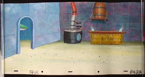 Orig Hand-Painted SpongBob Cartoon Background: This original hand-painted background is from the Nickelodeon TV show SpongeBob Squarepants. The story takes place under the deep blue sea in Bikini Bottom, where SpongeBob r