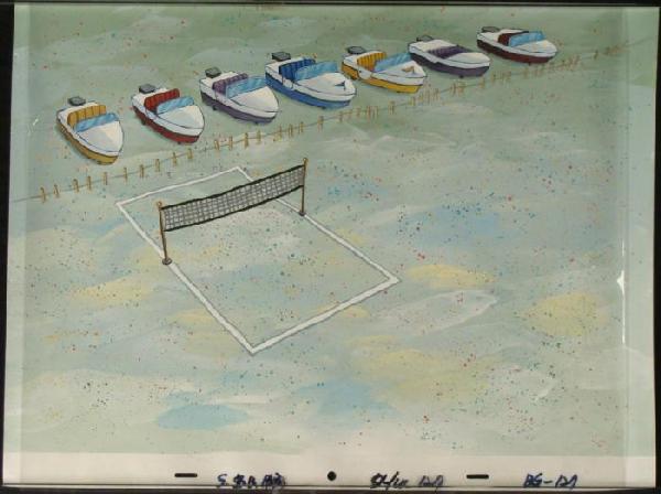 Volleyball Orig Background Animation Art Cel Sp: This original hand-painted background and animation cel is from the Nickelodeon TV show SpongeBob Squarepants. The story takes place under the deep blue sea in Bikini Bo