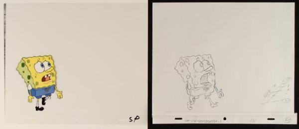 SpongeBob Worried Original Animation Art Cel + : This original animation cel with accompanying drawing is from the Nickelodeon TV show SpongeBob Squarepants. The story takes place under the deep blue sea in Bikini Bottom, where 