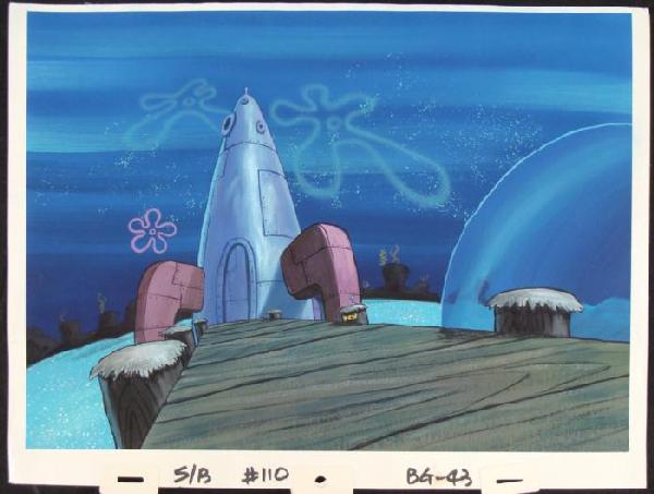 Background Art Original Rocketship Spongebob Pr: This original hand-painted background from the Nickelodeon TV show SpongeBob Squarepants. The story takes place under the deep blue sea in Bikini Bottom, where SpongeBob resi