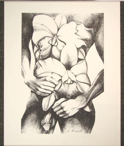 Rare Male Nude Signed Art Print Lowell Nesbitt: This intriguing signed limited edition art print is by Lowell Nesbitt (United States, 1933 - 1993). Generally better known for his larger-than-life paintings of flowers — "I've been trying to tr
