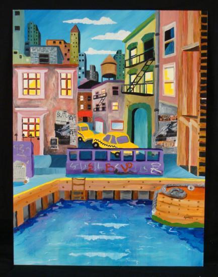 Linnea Pergola Original Painting Village Docks NYC: This is an original painting by Linnea Pergola of some docks in New York City. The artist has done the cityscape in a colorful style, with thick strokes of paint. She has incorporated pieces of magazi