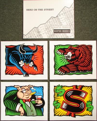 Morris HERD ON Wall STREET Bull Bear Pig Buck Pop Art 4: Here's the complete "sweet" of four exciting images by popular Pop artist Burton Morris! Title: "HERD ON THE STREET PORTFOLIO" "The Bull""The Bear""The Pig""The Buck"1997Screenprints (serigraphs) on p