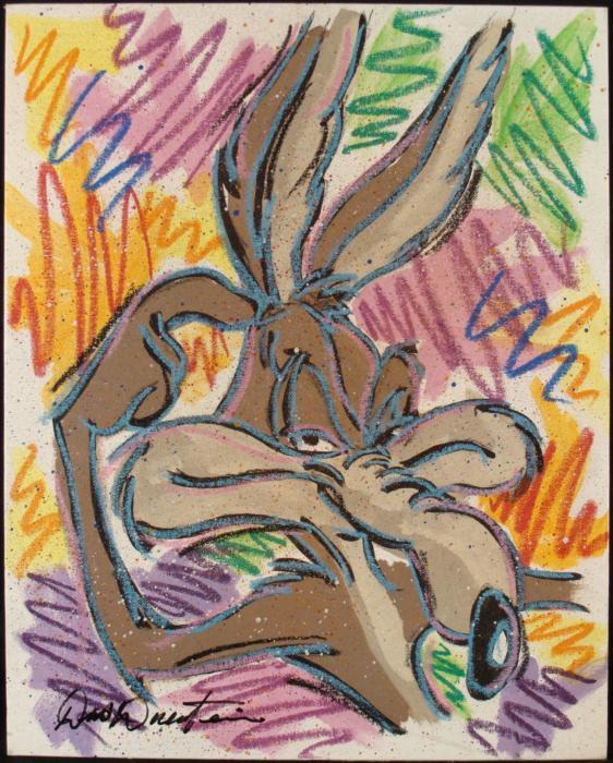 Dick Duerrstein Orig Painting Wile E Coyote Cartoon Art: Wile E Coyote is scratching his head and he looks like he's up to his old schemes in a new and colorful way! This original painting was done by artist Dick Duerrstein, who borrows a lot from Pop artis