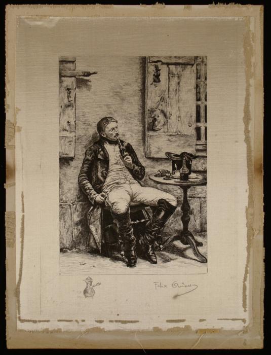 Felix Giani Signed Early 20th C. Etching -Man with Pipe: This is an etching of a man seated resting with his pipe, and a stiff drink on the table. Artist: Felix Giani Medium: Etching on silk Signature: Lower right Details: Remarque, lower left margin Image 