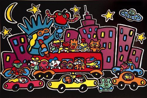 NEW YORK AT NIGHT Hot Pop Art MARCO Print on Canvas: Offered here is a dynamic Pop art print on canvas by Pop art sensation MARCO: Title: "New York at Night " 1999 Serigraph on canvas 24 × 36 Signed and numbered from the Roman Numeral edition of L