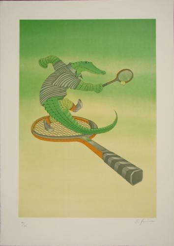 Fabulous Funny ALLIGATOR TENNIS Signed LE Art Print: Perfect for the tennis player! Title: "Tennis"Noted "Castillon 'Tennis' Pulled for the Lacoste Company" in pencil on the verso Lithography on Arches like paper Signed "Griffouliere" in pencil LR Numb