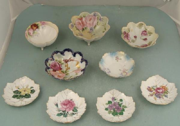 9 Vintage MIJ Japan Dishes China -Noritake, Nasco: Here are 9 various bowls and dishes, all bone China made in Japan over 40 years ago. Their conditions are very good to excellent. Their sizes range from 4 3/4" to 6 1/4". One is three footed bowl is f