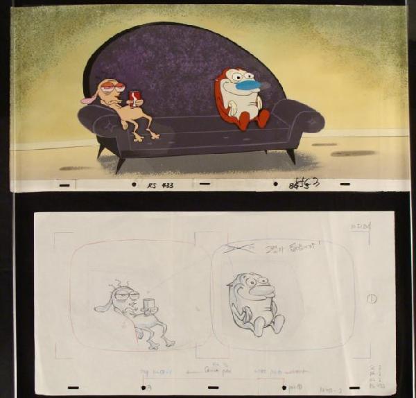 Ren and Stimpy Orig Drawing Animation Cel Background: This original production art cel, drawing, and background is from the Nickelodeon TV show Ren & Stimpy. The show follows two characters - Ren, a crazy Chihuahua - and - Stimpy, an i