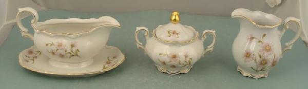 3 Mitterteich Bavaria Germany Vintage Gravy, Creamer: Here is a three piece group of vintage Mitterteich Bavarian pieces, all with a lovely lilac and green floral pattern, with gold trim. All pieces are in excellent condition, with no chips, cracks or we