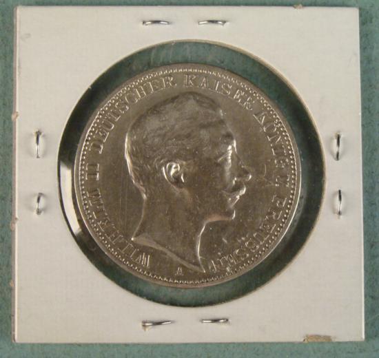 1908 A PRUSSIAN 3 MARK AU - UNC LARGE COIN SILVER: HERE IS A LARGE 3 MARK GERMAN PRUSSIAN SILVER COIN. IT CONTAINS 15G OF SILVER. KING WILHELM II IS ON THE FRONT AND THE IMPERIAL GERMAN EAGLE REVERSE. THE MARK IS