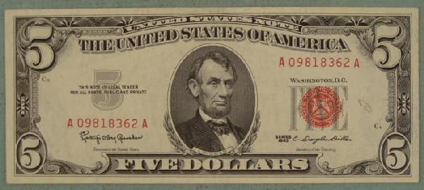 1963 $5 Red Seal Note Five Dollar Bill: 1963 $5 Red Seal Note Five Dollar Bill Condition: Extra Fine