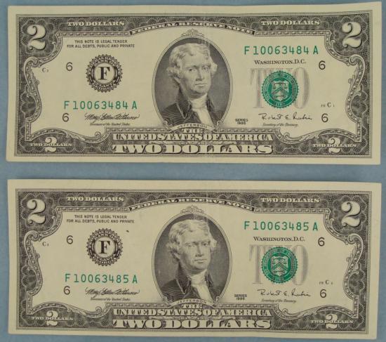 2 Consecutive # $2 Bills F Mint Atlanta Notes CU 1995: 2 1995 $2 notes Grade: Mint, Crisp Uncirculated Mint mark: F (Atlanta) Serial Numbers: ConsecutiveNote: The bills you receive may be different from the one shown