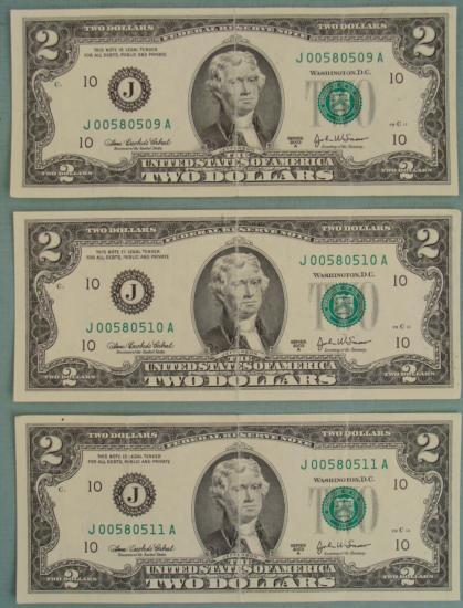(3) 2003 A Consec # $2 Two Dollar Bills J Mint KC MO: 3) 2003-A $2 Notes with consecutive serial numbers Mint mark: J (Kansas City) *Bills you receive will have a different serial number from the ones shown