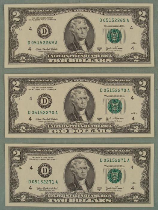 3 Consec # 2003 A $2 Two Dollar Bills CU Notes D Mint: (3) 2003-A $2 bills, all with consecutive serial numbersMint marks: D (Cleveland) Details: one with ink mark Condition: Crisp Uncirculated
