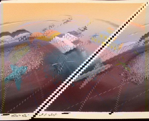 Ren and Stimpy Production Orig Tough Crowd Background: This original hand-painted background is from the Nickelodeon TV show Ren & Stimpy. The show follows two characters - Ren, a crazy Chihuahua - and - Stimpy, an incredibly stupid cat