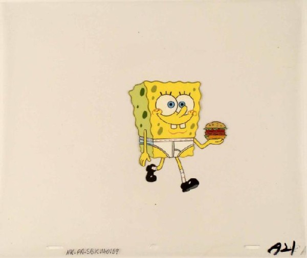 Krabby Patty Anyone Spongebob Animation Original Cel: This original animation cel is from the Nickelodeon TV show SpongeBob Squarepants. The story takes place under the deep blue sea in Bikini Bottom, where SpongeBob resides. Sp