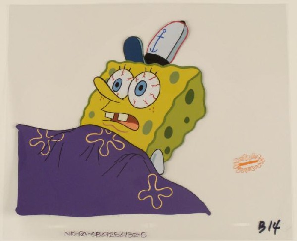Sleeping SpongeBob Original Animation Cel Hat: This original animation cel is from the Nickelodeon TV show SpongeBob Squarepants. The story takes place under the deep blue sea in Bikini Bottom, where SpongeBob resides. Sp